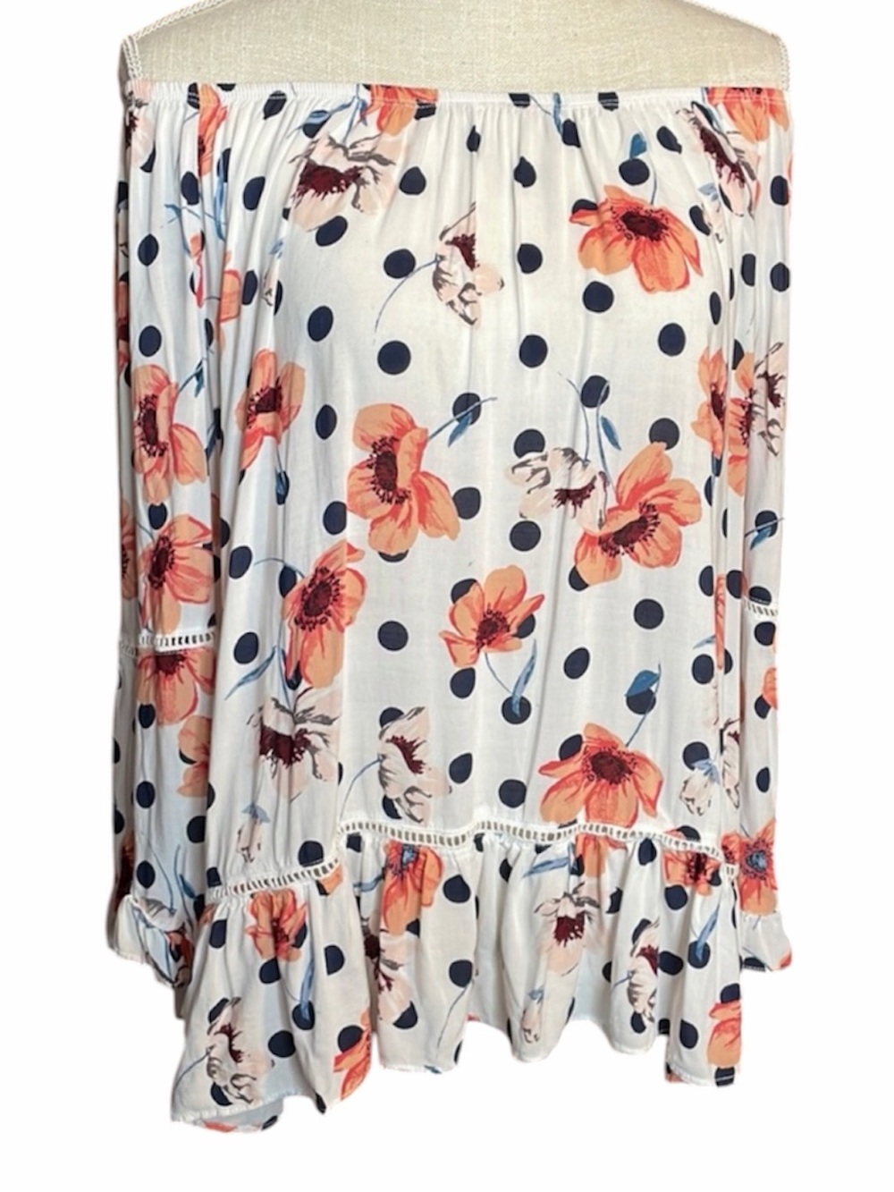 Fever White With Pink Floral Black Polka Dot 100% Rayon Ruffle Edged Blouse